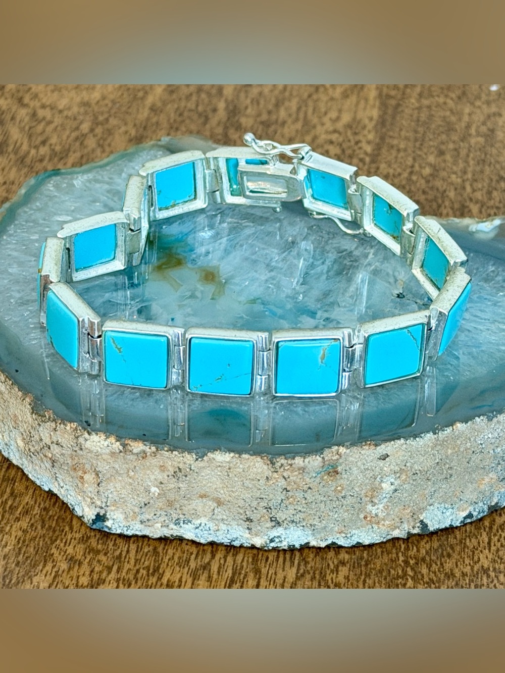 Turquoise Inlaid & Sterling Silver Line Bracelet with Safety Clasps